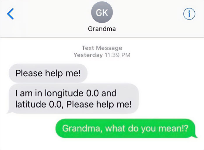 Text message conversation where older person struggles with technology, asking for help using incorrect GPS coordinates.