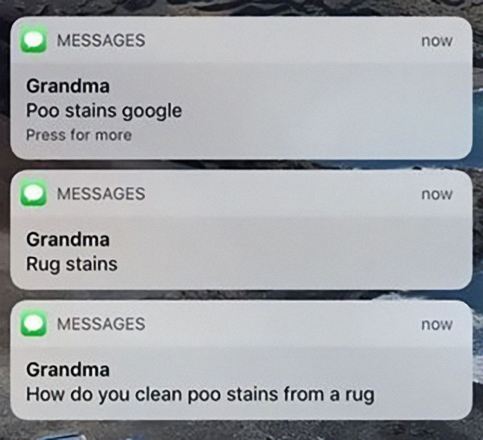 Text messages from grandma humorously failing at technology with funny mistakes about cleaning rug stains.