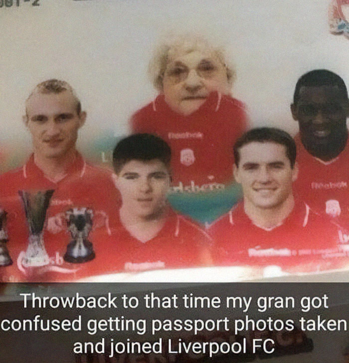 Older people fail at technology with a humorous photo mix-up involving Liverpool FC passport pictures.