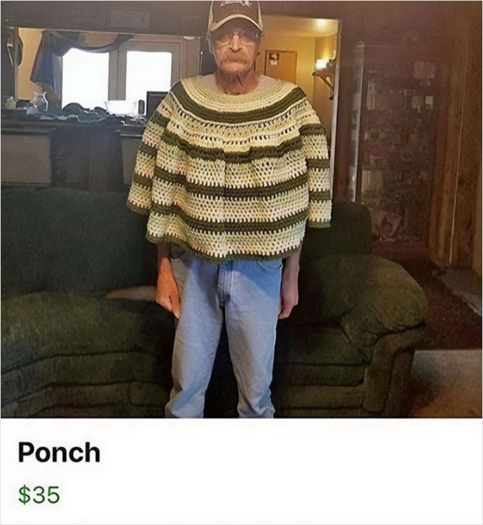 Older man wearing a crocheted poncho inside a living room, showcasing a funny technology fail moment.