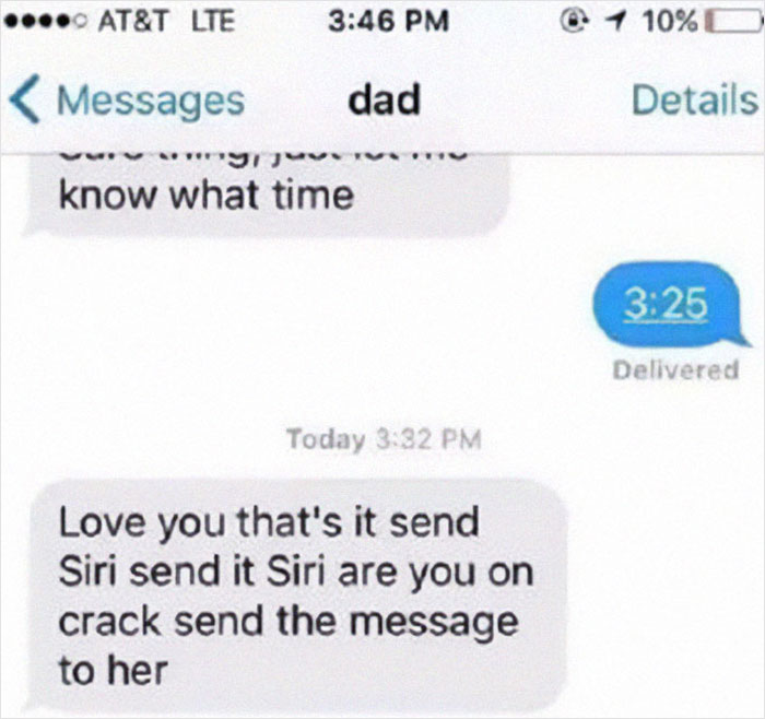 Text message conversation showing older person struggling with technology and voice assistant commands, providing comedy.