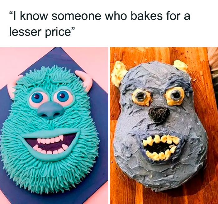 Comparison of what I ordered vs what I got showing a hilarious cake fail with a monster character design.