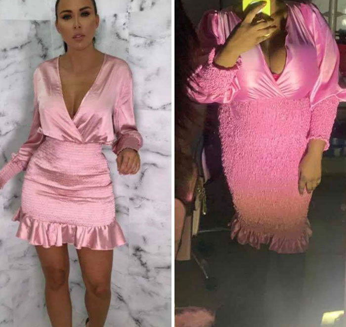 Comparison of ordered pink satin dress versus what was received, highlighting clothing fail and unexpected fit differences.