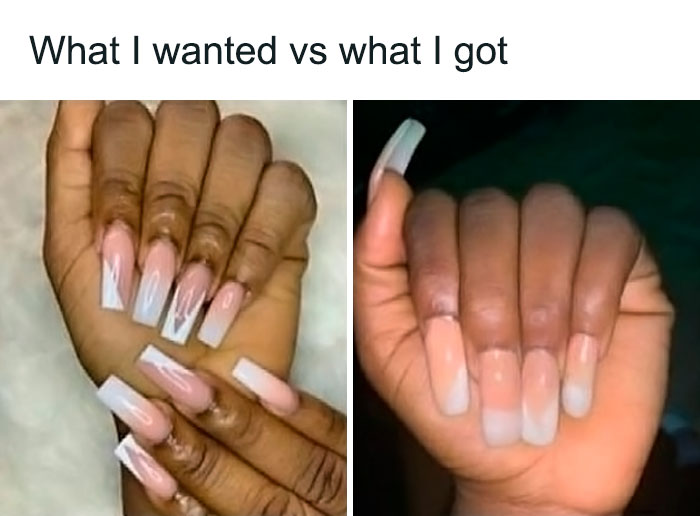 Comparison of ordered versus received long nails showing a hilarious fail in nail design and length.