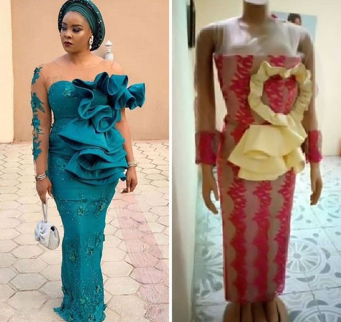 Comparison of ordered teal dress with ruffles vs delivered pink and yellow dress on mannequin, illustrating hilarious fails.