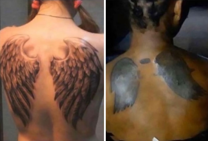 Comparison of what was ordered versus what was received showing funny tattoo fails on two different backs.