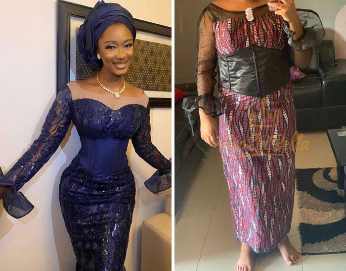 Woman wearing a blue lace dress on the left compared to a mismatched colorful dress on the right, showcasing hilarious fails.