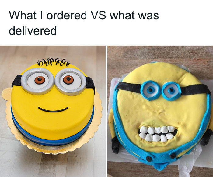 Side-by-side comparison of what I ordered vs what I got showing hilarious fails with minion-themed cakes.