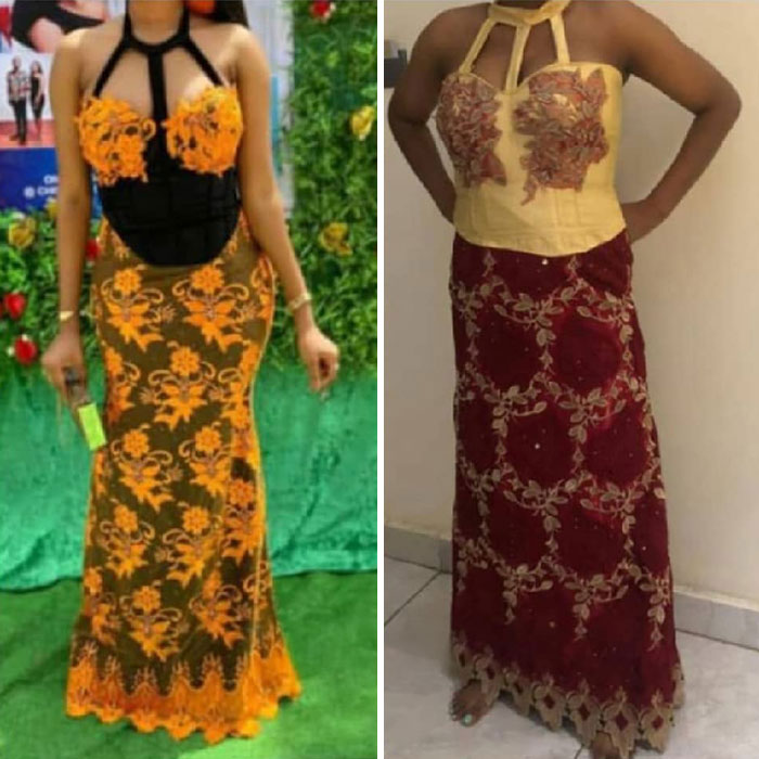 Side-by-side comparison of ordered versus received dresses showing a major hilarious fail in clothing design and color.