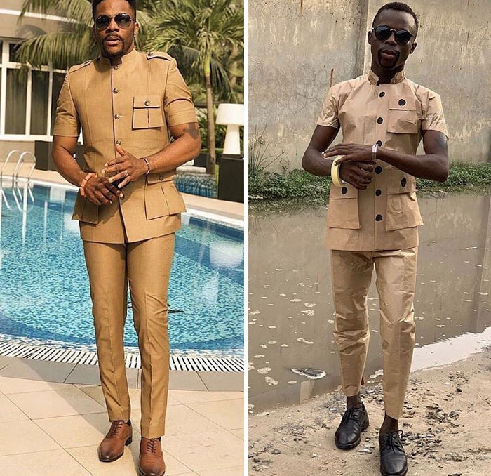 Two men wearing similar tan outfits in a comparison of ordered vs received clothing fails outdoors.