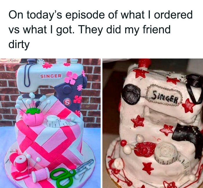 Comparison of sewing machine cakes showing hilarious fails between what was ordered vs what was received.