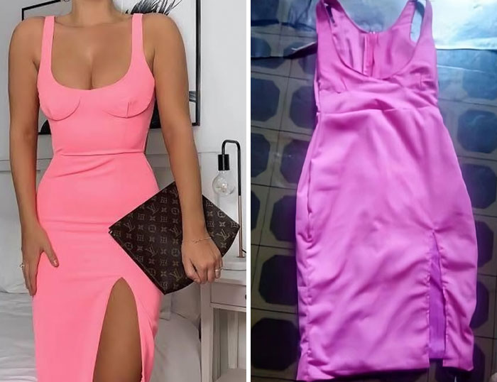 Comparison of a pink dress ordered online versus the disappointing dress actually received in a hilarious fail.