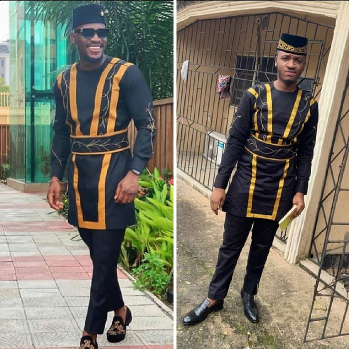 Man modeling traditional black and gold outfit versus a similar but poorly fitting version showcasing funny order vs reality fail.