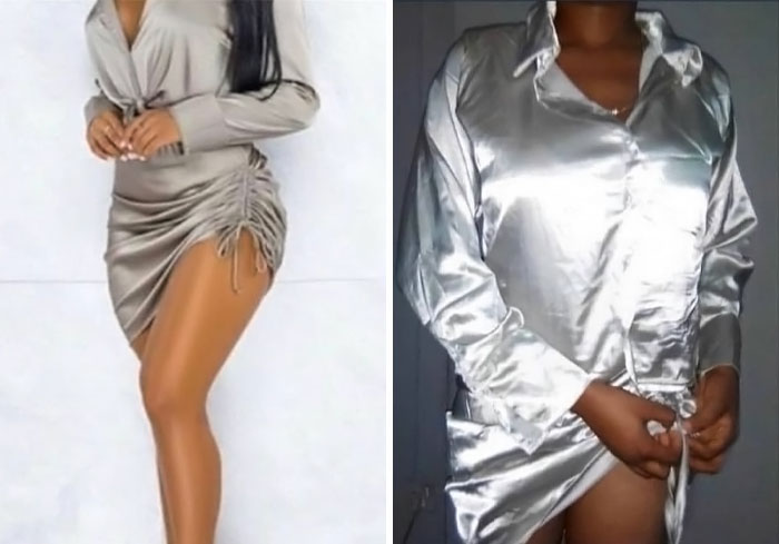 Side-by-side comparison of ordered vs received clothing fail showing a satin outfit that looks very different than expected.