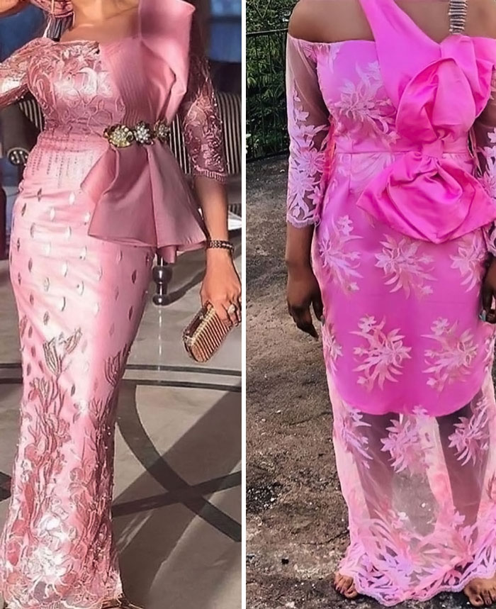 Side-by-side comparison of ordered versus received pink dresses showing a clear hilarious fail in design and fit.