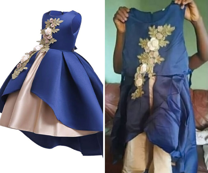 Comparison of blue floral dress ordered online versus a poorly made version showing funny ordering fails.