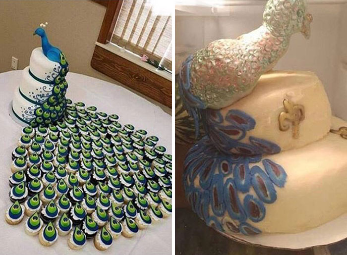 Side-by-side comparison of a detailed peacock cake and a poorly executed version showing hilarious fails.