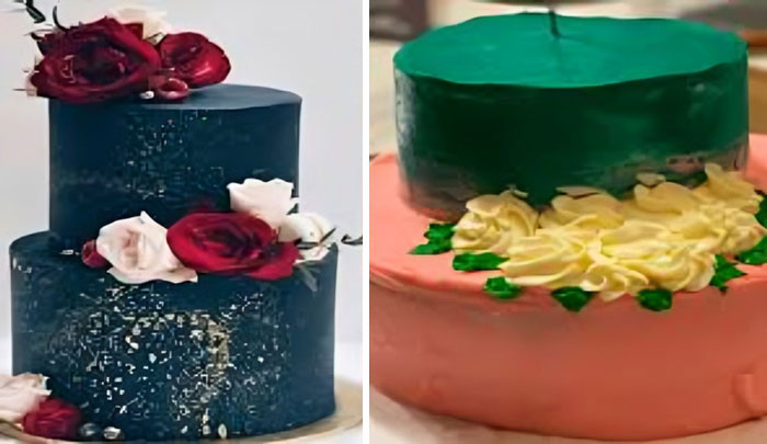 Two-tiered cake ordered with dark blue icing and red roses vs a fail cake with uneven green and pink icing and poor flower decoration.