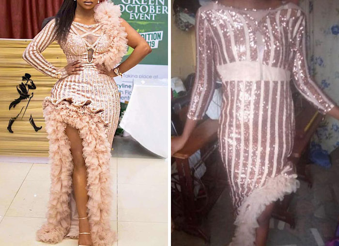 Side-by-side comparison of a glamorous dress vs a poorly made version, showcasing hilarious ordering fails.