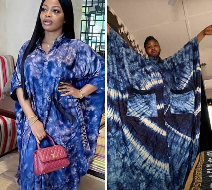 Comparison of ordered vs received blue tie-dye dresses showing a hilarious fashion fail in fit and design.