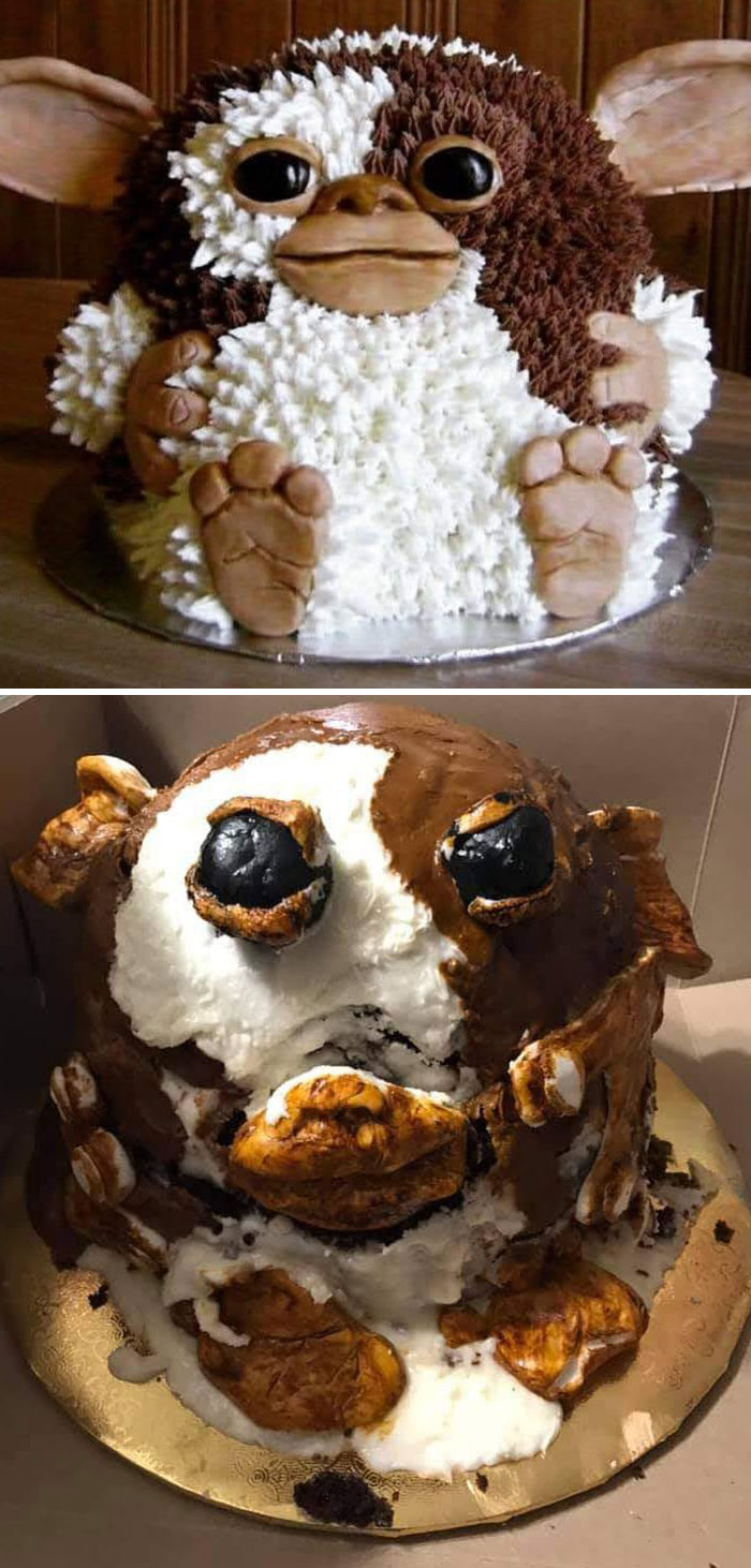 Comparison of ordered versus received creature cakes showing a hilarious fail in cake design and decoration.