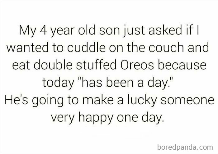 Parenting meme about a 4-year-old son asking to cuddle and eat Oreos after a tough day, highlighting hilarious parenting moments.