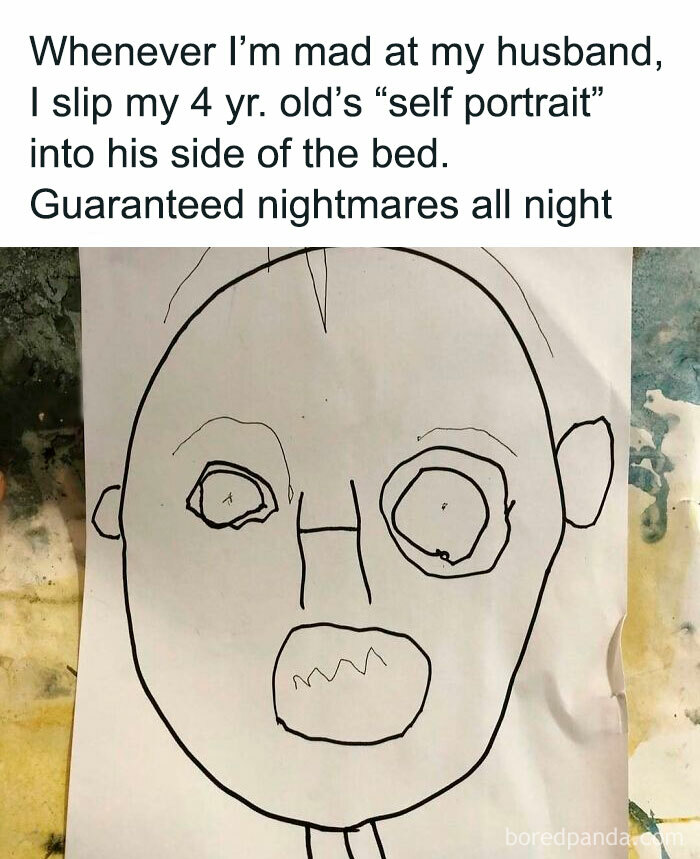 Parenting meme showing a child’s self-portrait drawing used for hilarious back-to-school parenting humor.