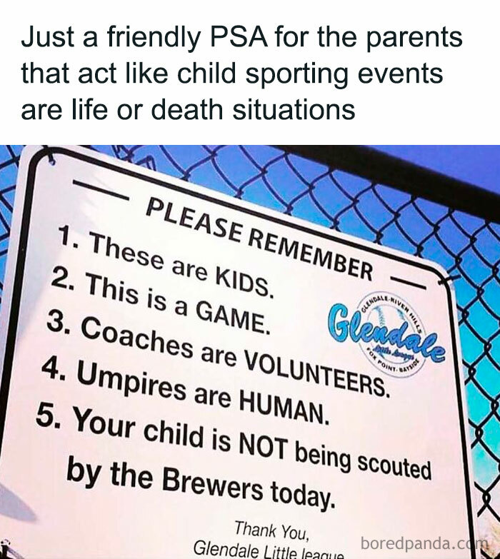 Sign reminding parents at kids' sporting events to stay calm, a parenting meme perfect for the back-to-school season.