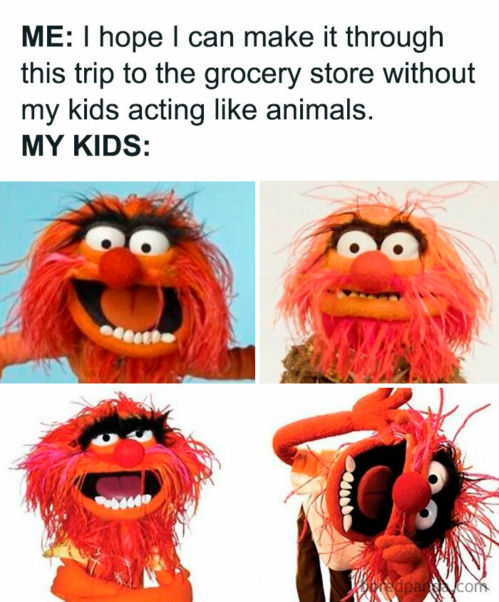 Parenting meme showing four wild and funny puppet expressions humorously representing kids acting like animals during grocery trips.