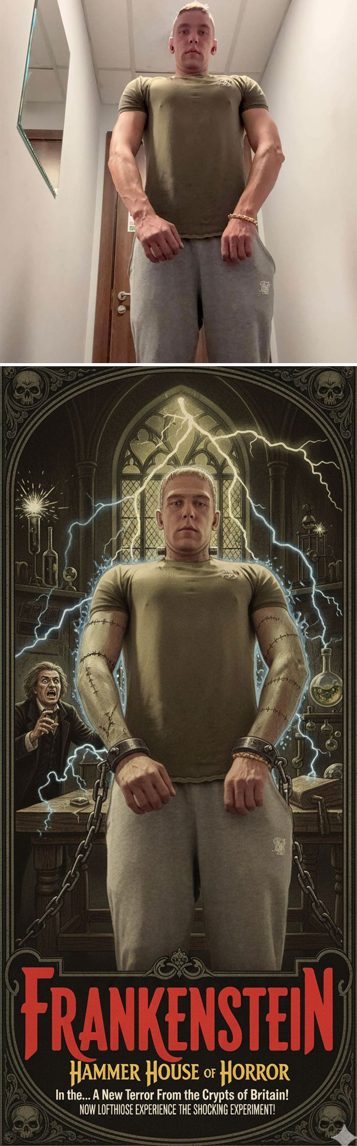 Man transformed into Frankenstein in funny photo edits with lightning and laboratory background from horror movie poster.