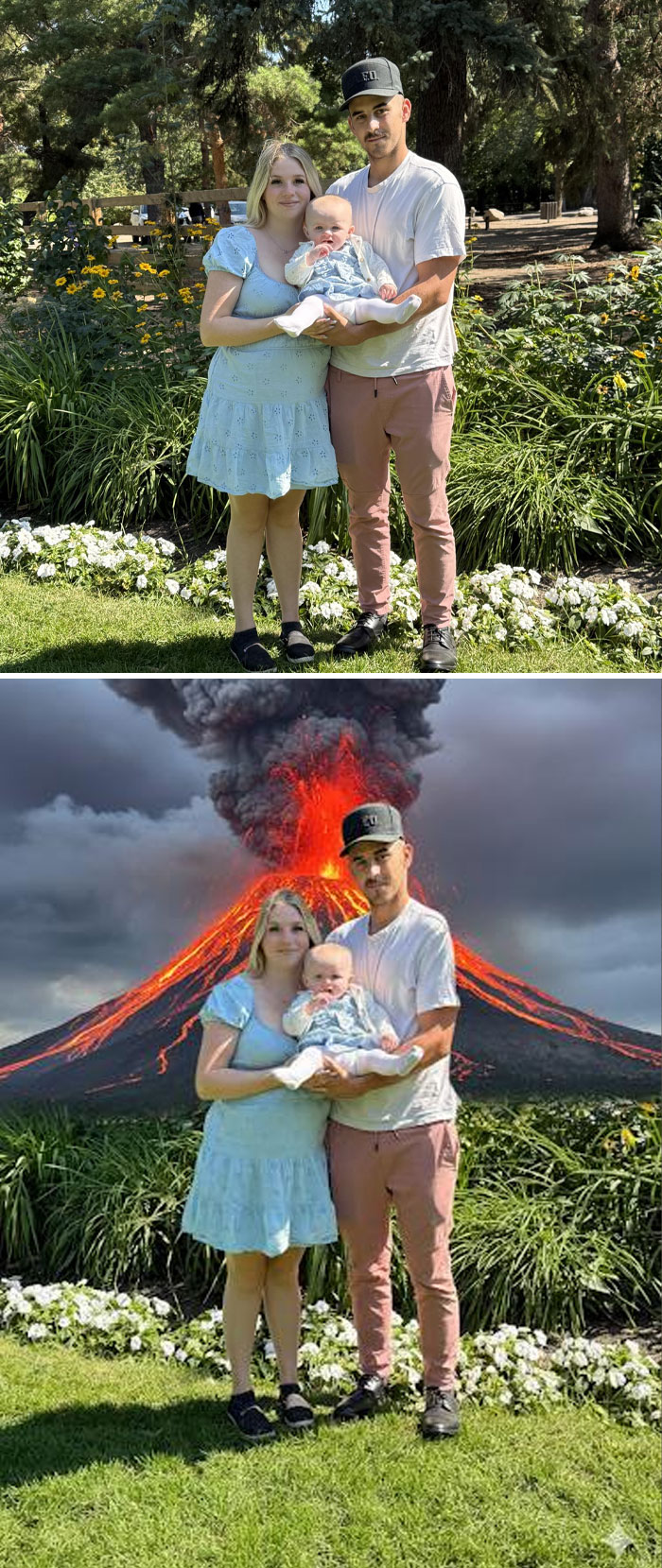 Family posing in a garden, then edited with a hilariously unexpected erupting volcano background in photo edits.