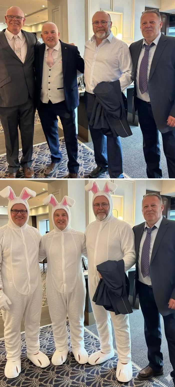 Four men in suits and three of the same men digitally edited in bunny costumes in a hilarious photo edit fail.