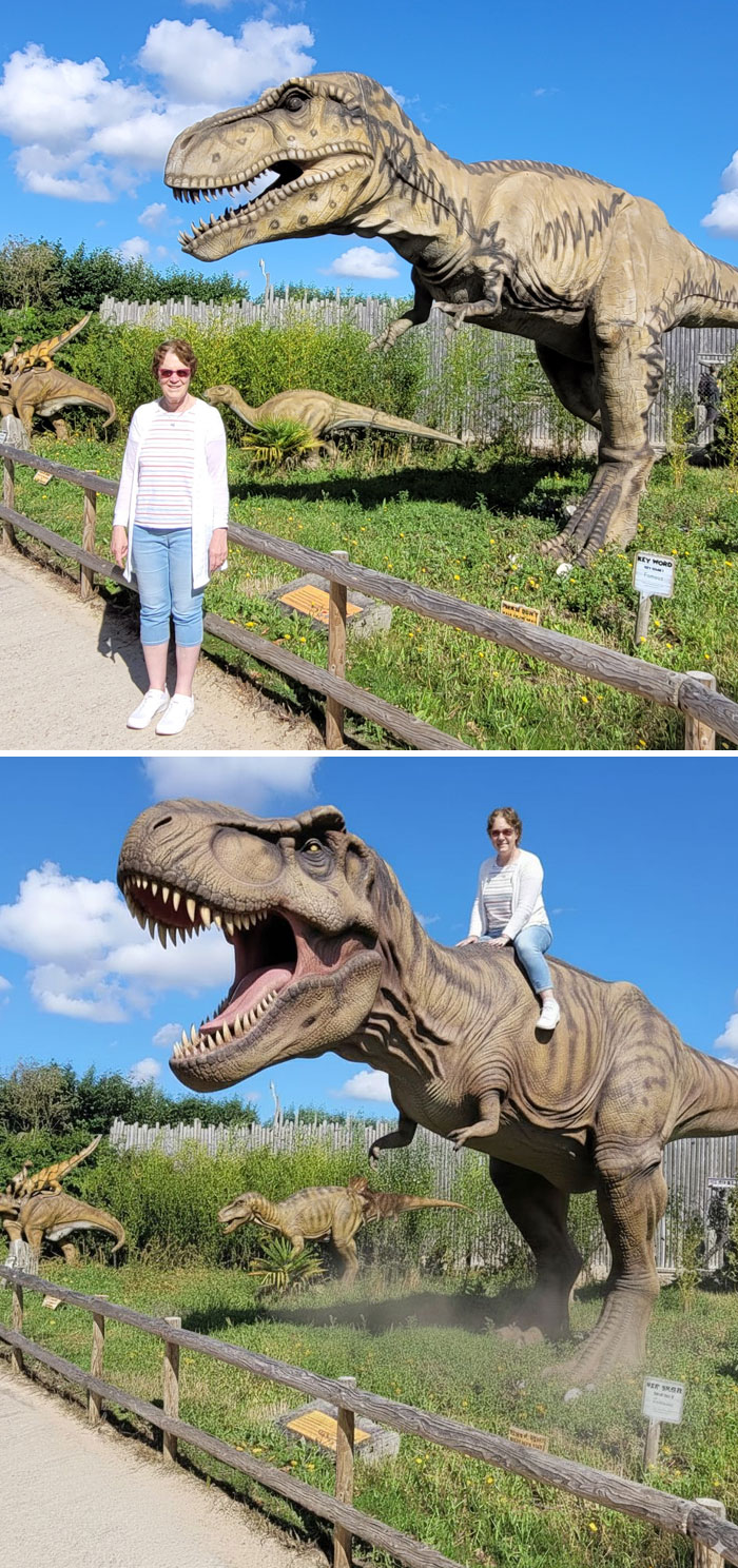Woman posing with dinosaur statues before and after unexpected photo edits creating funny dinosaur ride scene.