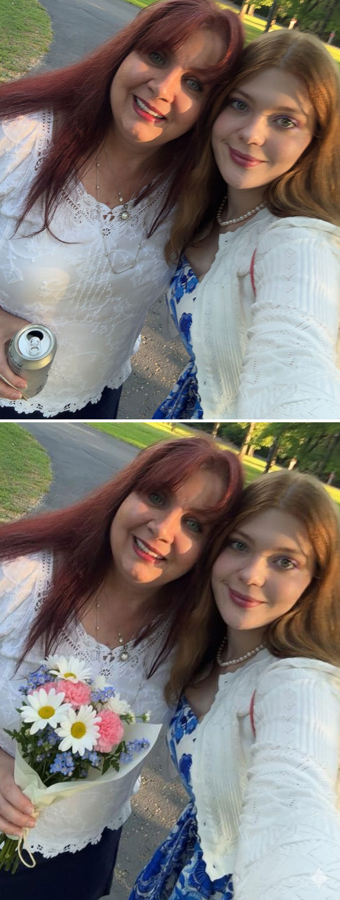 Two women posing for selfies outdoors, one holding a can in one photo and a bouquet in the edited photo, unexpected photo edits.