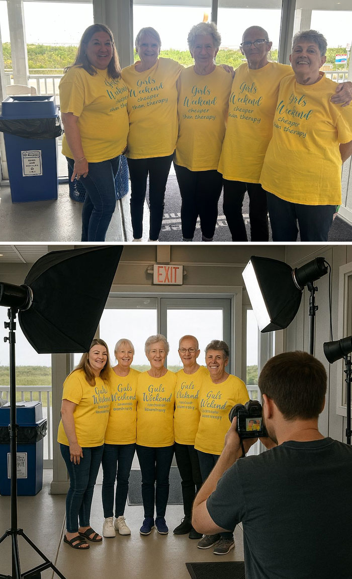 Group of women posing for photo with matching yellow shirts during a weekend, showcasing unexpected photo edits results.