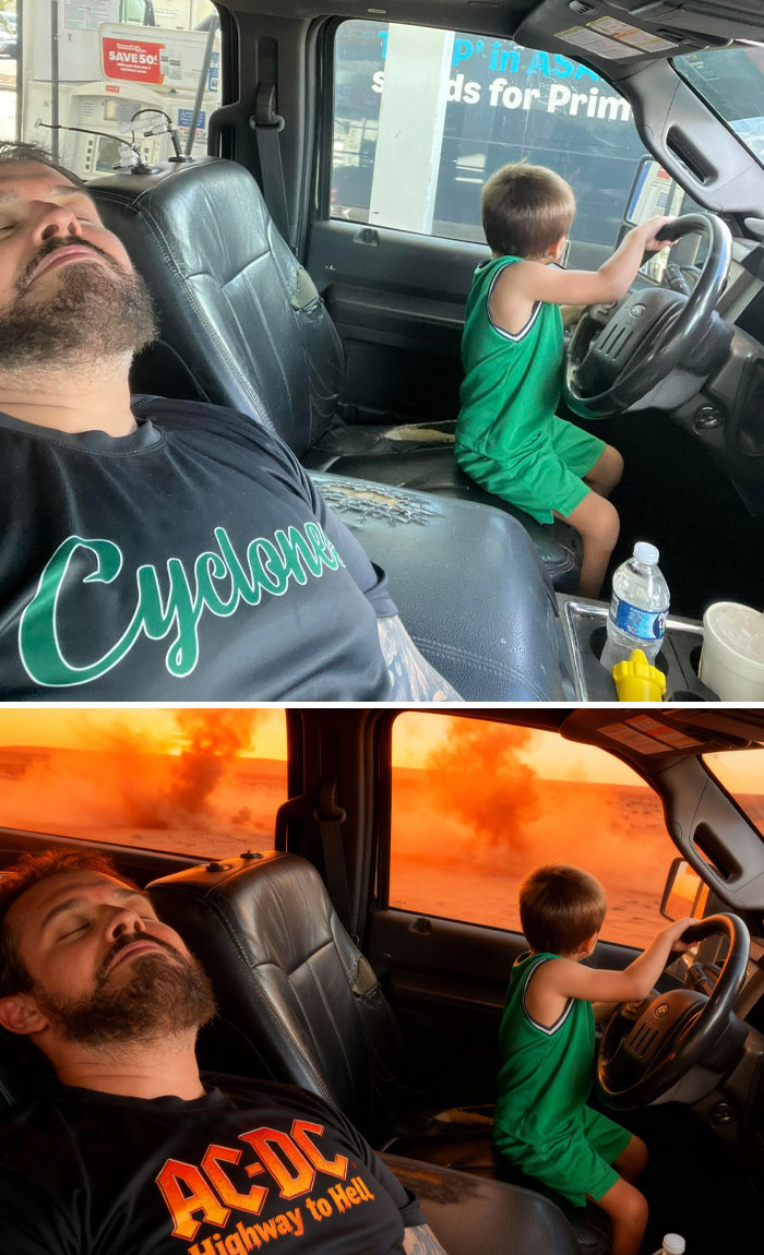 A man and child in a car with hilarious unexpected photo edits showing a dramatic fiery background.
