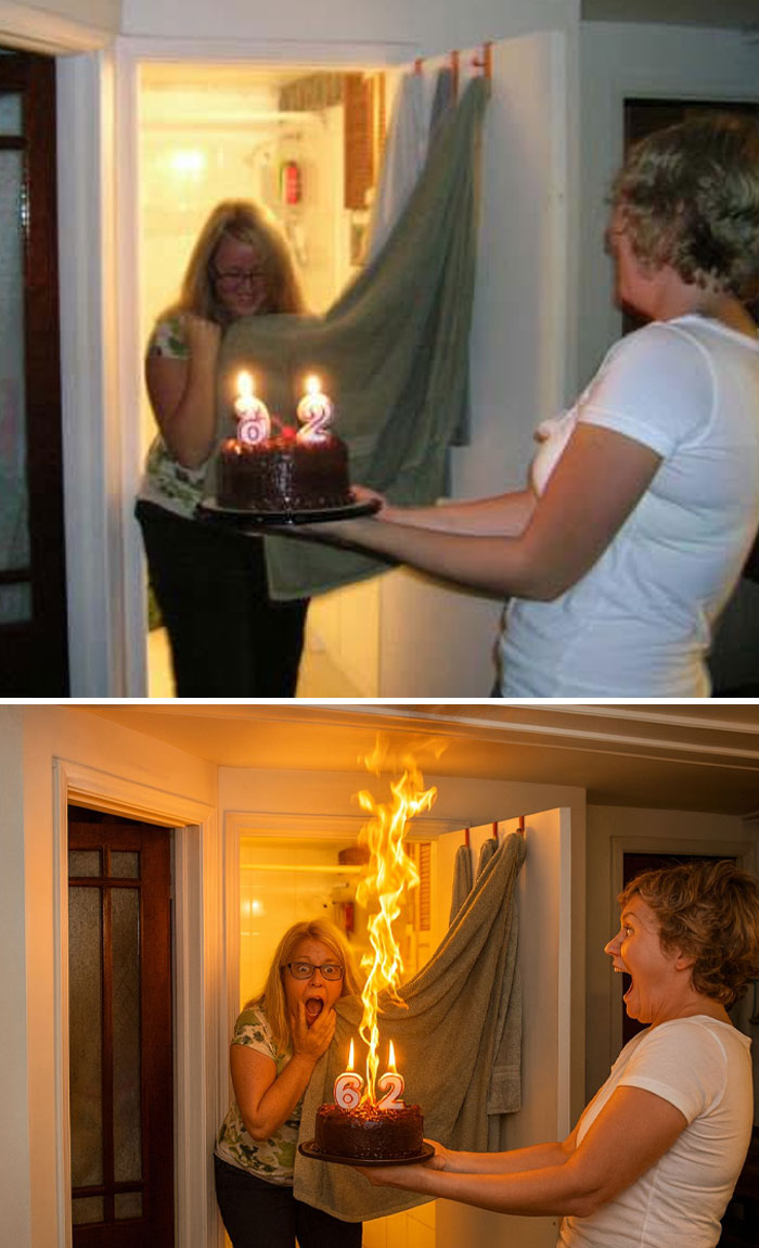 Two women with a birthday cake showing photo edits with hilariously unexpected results and flaming candles.