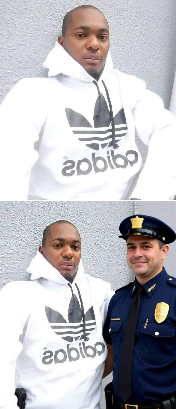 Man in white Adidas hoodie first alone, then hilariously edited with a police officer for unexpected photo edits results.