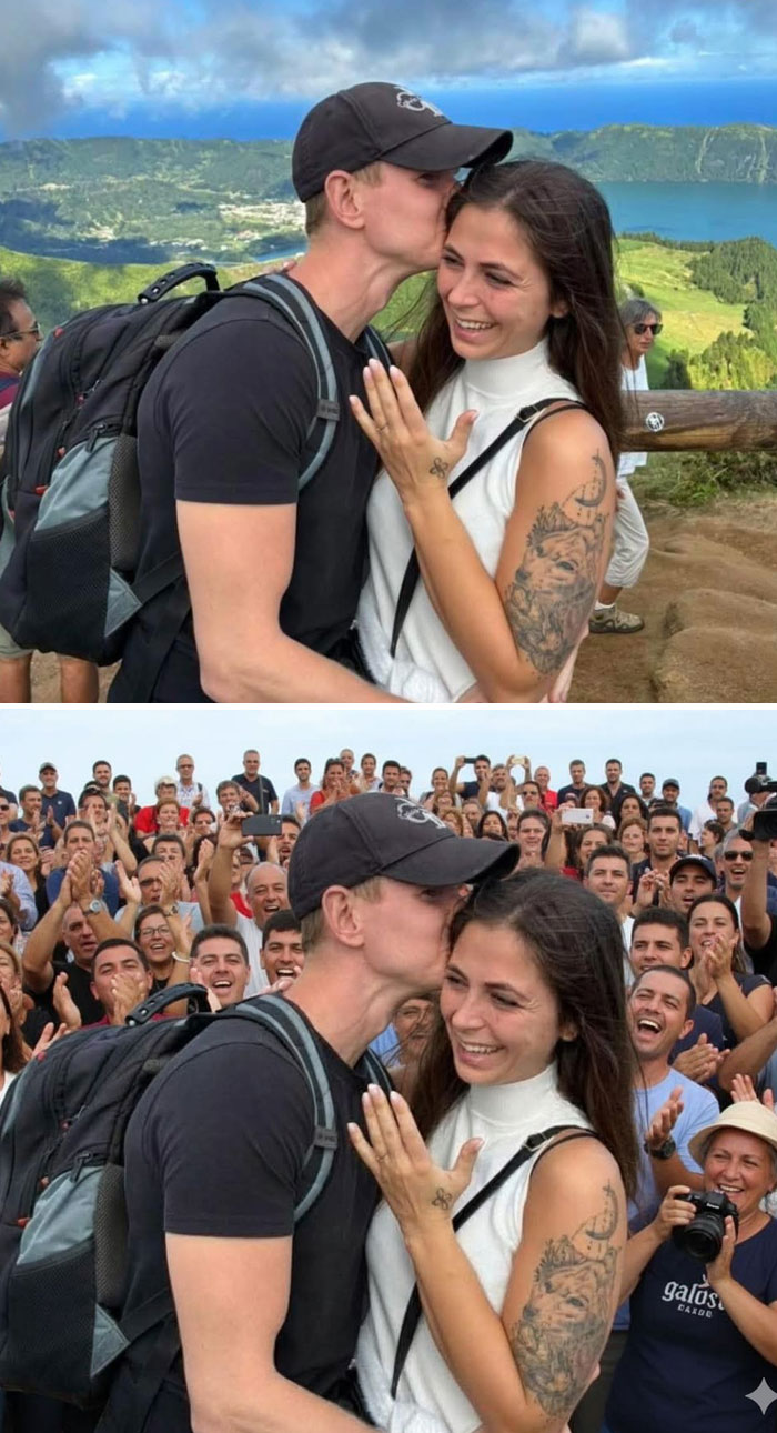 Couple posing for photo with scenic background edited to include a large cheering crowd, unexpected photo edit result.
