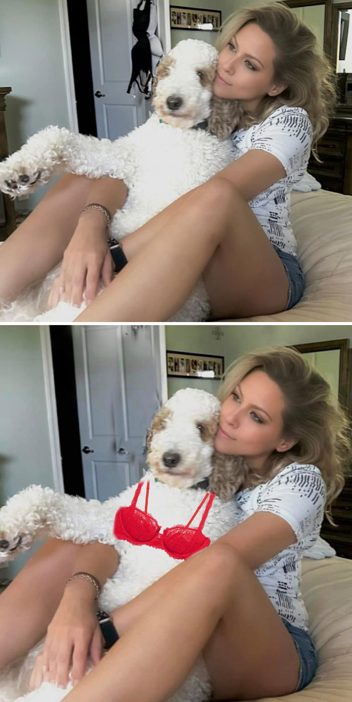 Woman hugging dog with and without a humorous photo edit showing the dog wearing a red bra unexpectedly