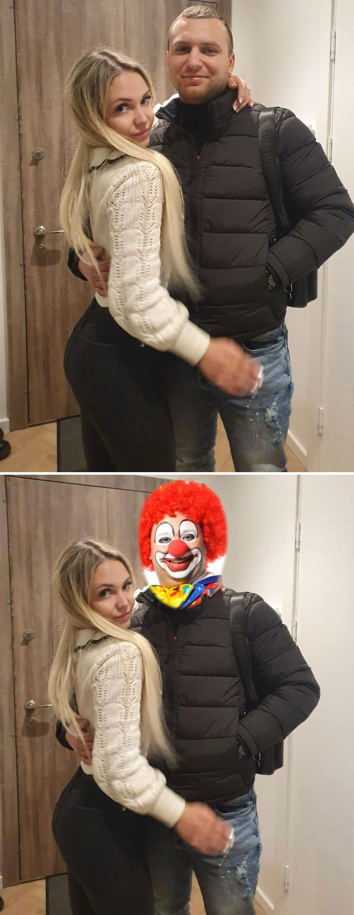 Couple photo edit showing a man’s face hilariously replaced with a clown head for unexpected results.