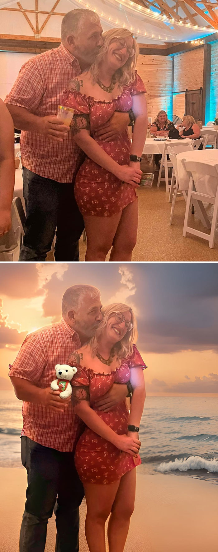 Couple at an indoor event transformed into a beach scene with a teddy bear in a photo edit, showcasing unexpected results