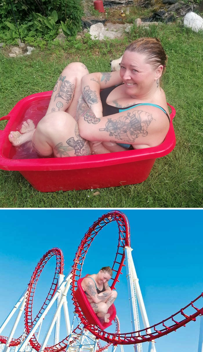 Woman with tattoos sitting in a small red tub edited humorously into a rollercoaster ride, unexpected photo edits humor