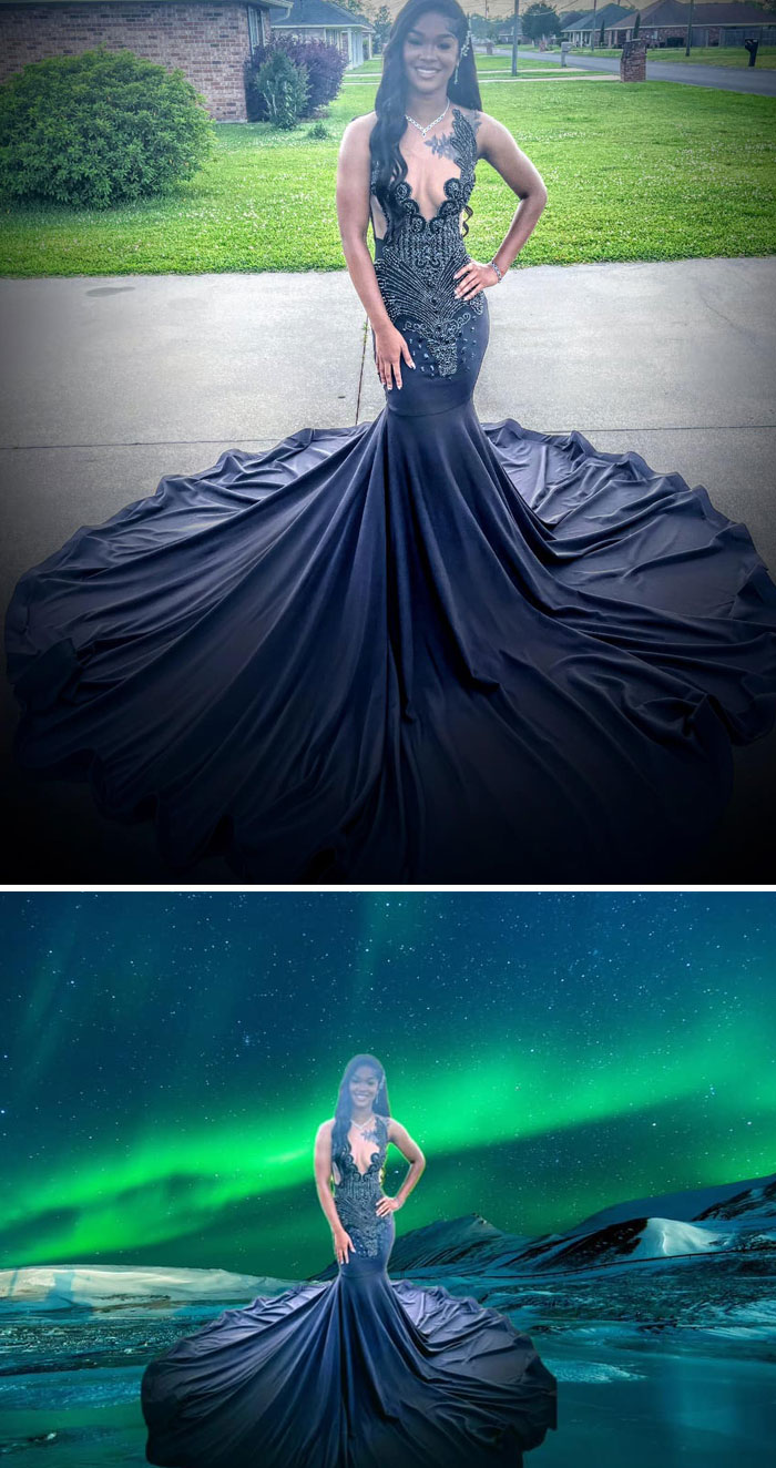 Woman in an elegant black gown with an exaggeratedly edited flowing train against a northern lights background