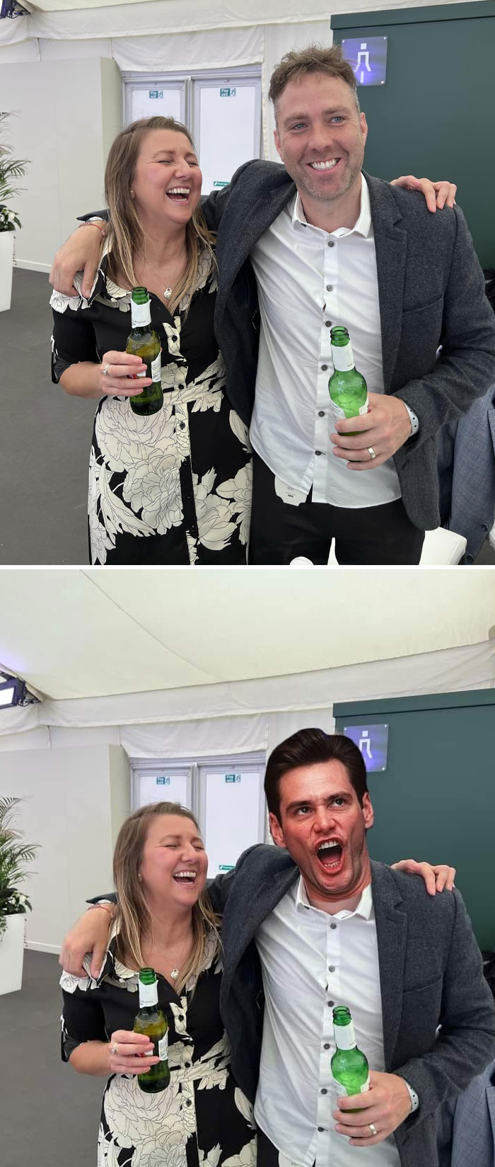 Two people holding beers, one photo edited with a hilarious unexpected face swap, showcasing funny photo edits.