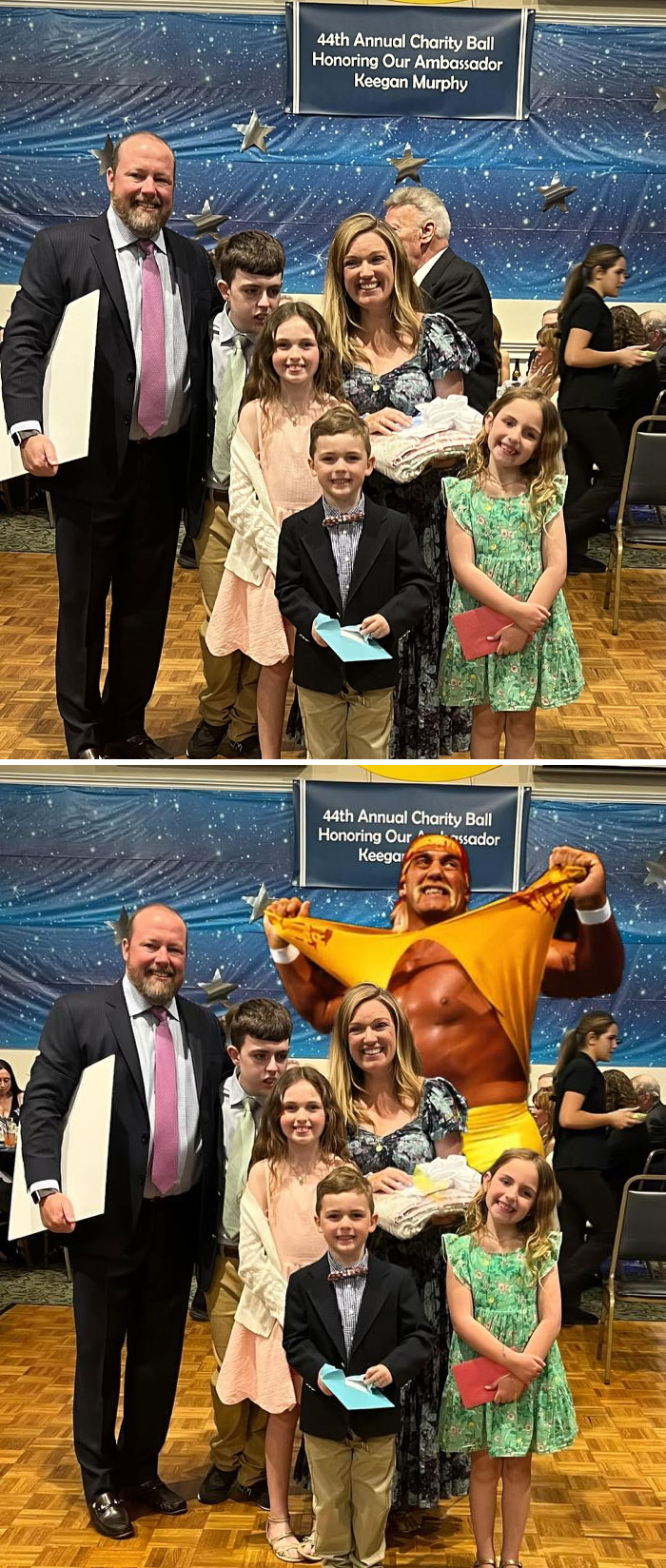 Group photo at charity ball with one image showing a hilarious unexpected photo edit featuring a muscular figure.