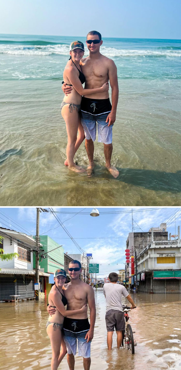 Couple posing in beachwear, first by the ocean and then edited into a flooded city street, showing unexpected photo edits results.