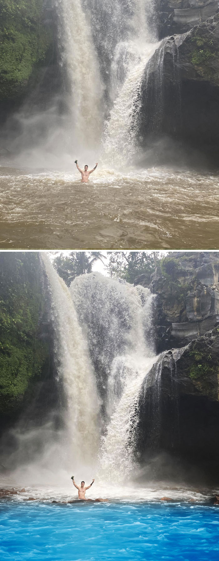 Man standing under waterfalls in river before and after hilarious photo edits with unexpected results