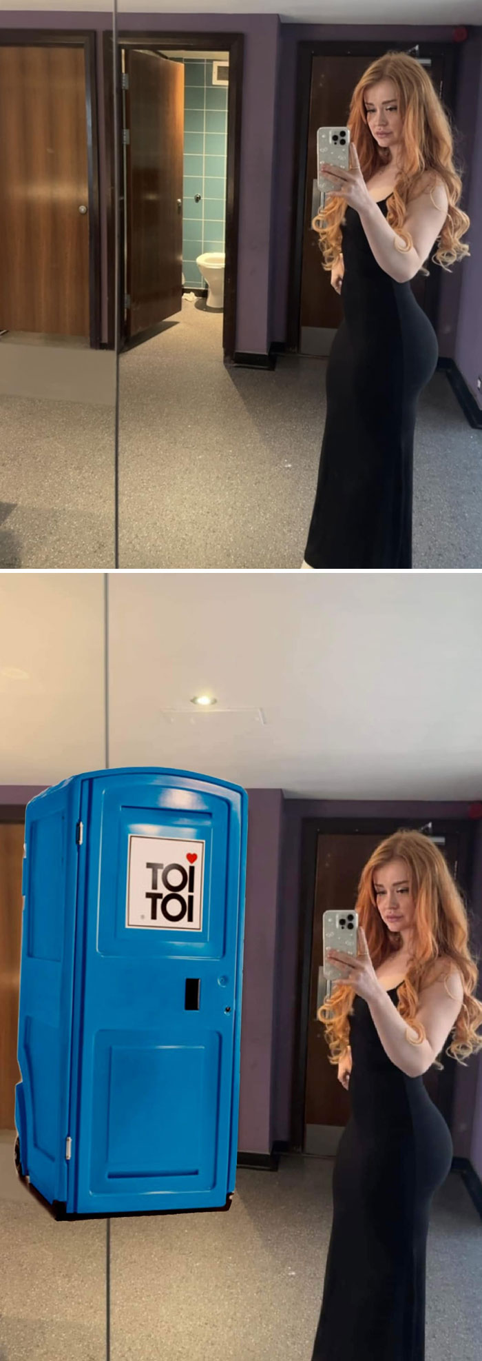 Woman in black dress taking a mirror selfie with a hilariously unexpected portable toilet photo edit in background