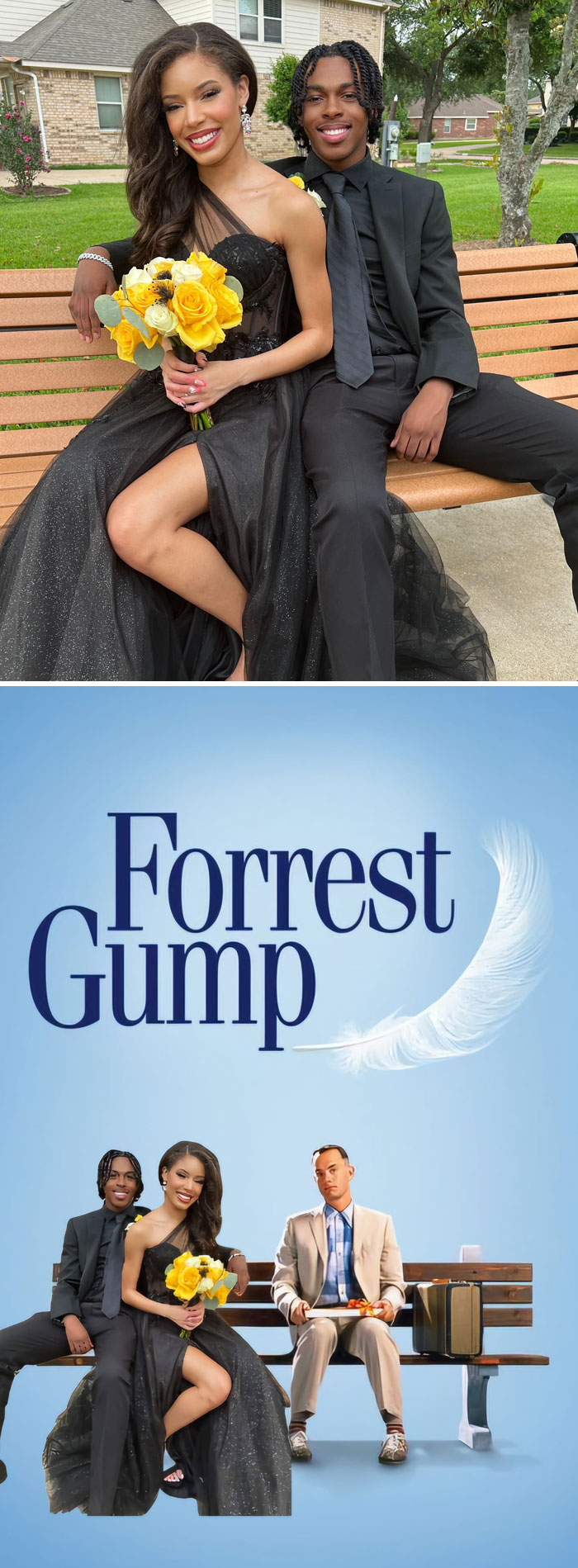 Couple on a bench in formal attire edited into a Forrest Gump movie poster for unexpected photo edits results.